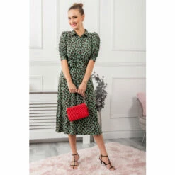 Jolie Moi Green Calla Puff Sleeve Shirt Dress
