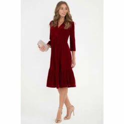Jolie Moi Red 3/4th Sleeve Tiered Hem Velvet Dress -Jolie Moi Shop unnamed file 1187