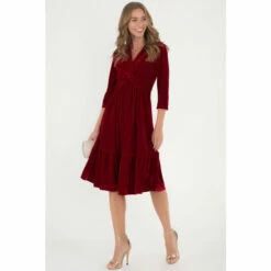 Jolie Moi Red 3/4th Sleeve Tiered Hem Velvet Dress -Jolie Moi Shop unnamed file 1188