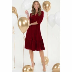 Jolie Moi Red 3/4th Sleeve Tiered Hem Velvet Dress -Jolie Moi Shop unnamed file 1189