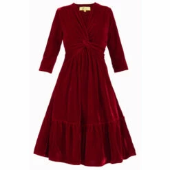 Jolie Moi Red 3/4th Sleeve Tiered Hem Velvet Dress -Jolie Moi Shop unnamed file 1190