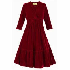 Jolie Moi Red 3/4th Sleeve Tiered Hem Velvet Dress -Jolie Moi Shop unnamed file 1191