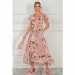 Jolie Moi Eleanor Pink Wrap Mesh Maxi Dress