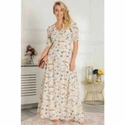 Jolie Moi Cream Puff Sleeve Open Back Maxi Dress