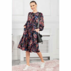 Jolie Moi Allyn Blue Bow Neck Long Sleeve Dress