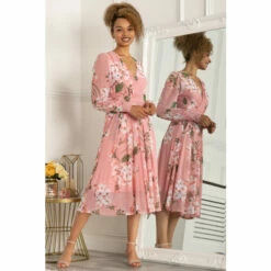 Jolie Moi Pink Jasmine Long Sleeve Mesh Dress