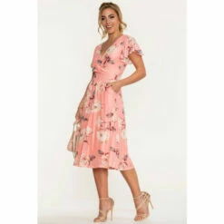 Jolie Moi Pink Kiley Wrap Front Mesh Dress