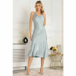 Jolie Moi Blue Alaysha Cowl Neck Satin Dress