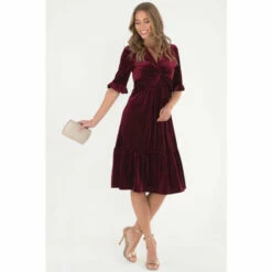 Jolie Moi Red Twist Front Tiered Hem Velvet Dress