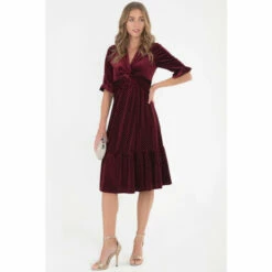 Jolie Moi Red Twist Front Tiered Hem Velvet Dress -Jolie Moi Shop unnamed file 1930