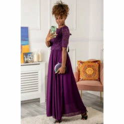 Jolie Moi Purple Wendy Lace Overlay Maxi Occasion Dress