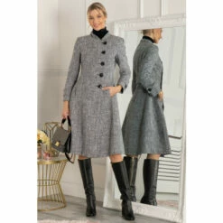 Jolie Moi Textured Tweed Fit & Flare Black Coat