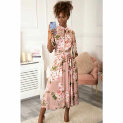 Jolie Moi Tina Pink Turtle Neck Mesh Maxi Dress