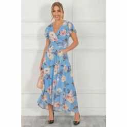 Jolie Moi Blue Eliza Dip Hem Mesh Maxi Dress