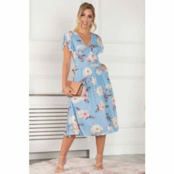 Jolie Moi Blue Kiley Wrap Front Mesh Dress