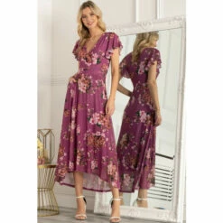 Jolie Moi Purple Eliza Dip Hem Mesh Maxi Dress