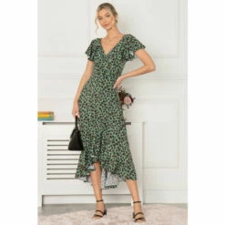 Jolie Moi Green Luciana Frilly Dipped Hem Dress