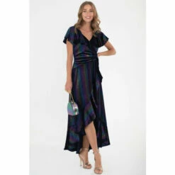 Jolie Moi Blue Print Ruffle Dip Hem Velvet Dress