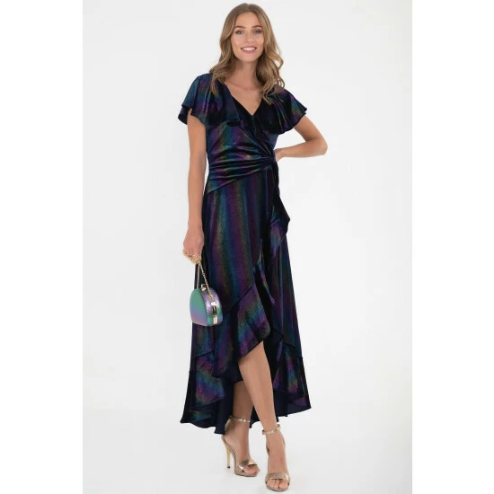 Jolie Moi Blue Print Ruffle Dip Hem Velvet Dress 3 Jolie Moi Blue Print Ruffle Dip Hem Velvet Dress