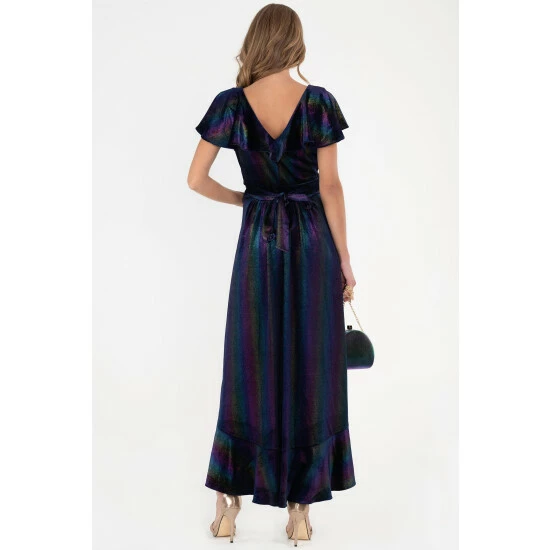 Jolie Moi Blue Print Ruffle Dip Hem Velvet Dress 4 Jolie Moi Blue Print Ruffle Dip Hem Velvet Dress - Image 2