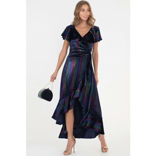 Jolie Moi Blue Print Ruffle Dip Hem Velvet Dress 5 Jolie Moi Blue Print Ruffle Dip Hem Velvet Dress - Image 3