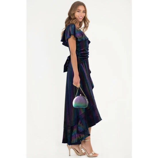 Jolie Moi Blue Print Ruffle Dip Hem Velvet Dress 6 Jolie Moi Blue Print Ruffle Dip Hem Velvet Dress - Image 4