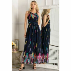 Jolie Moi Blue Printed Chiffon Belted Maxi Dress