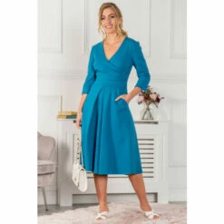 Jolie Moi Blue Paige 3/4 Sleeve Wrap Dress