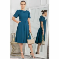 Jolie Moi Blue Debora Button Neck Dress